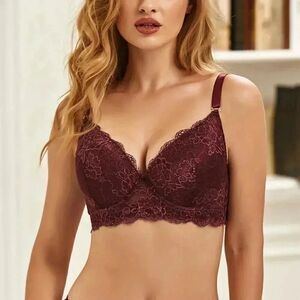 🆕 36B Burgundy Red Comfortable Floral Lace Adjustable Bralette Scalloped